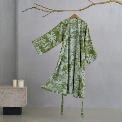 Ownkoti Monstera Print Cotton Gauze Kimono Robe for Stylish Comfort