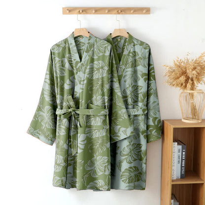 Ownkoti Monstera Print Cotton Gauze Kimono Robe for Stylish Comfort