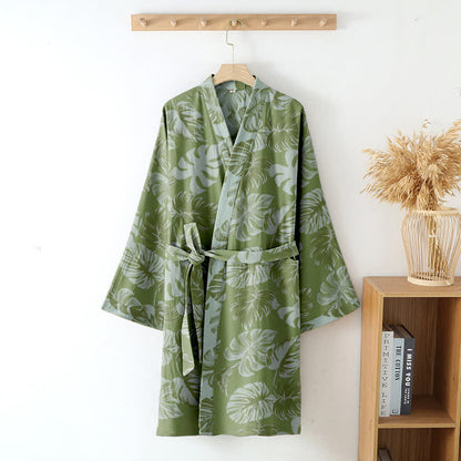 Ownkoti Monstera Print Cotton Gauze Kimono Robe for Stylish Comfort