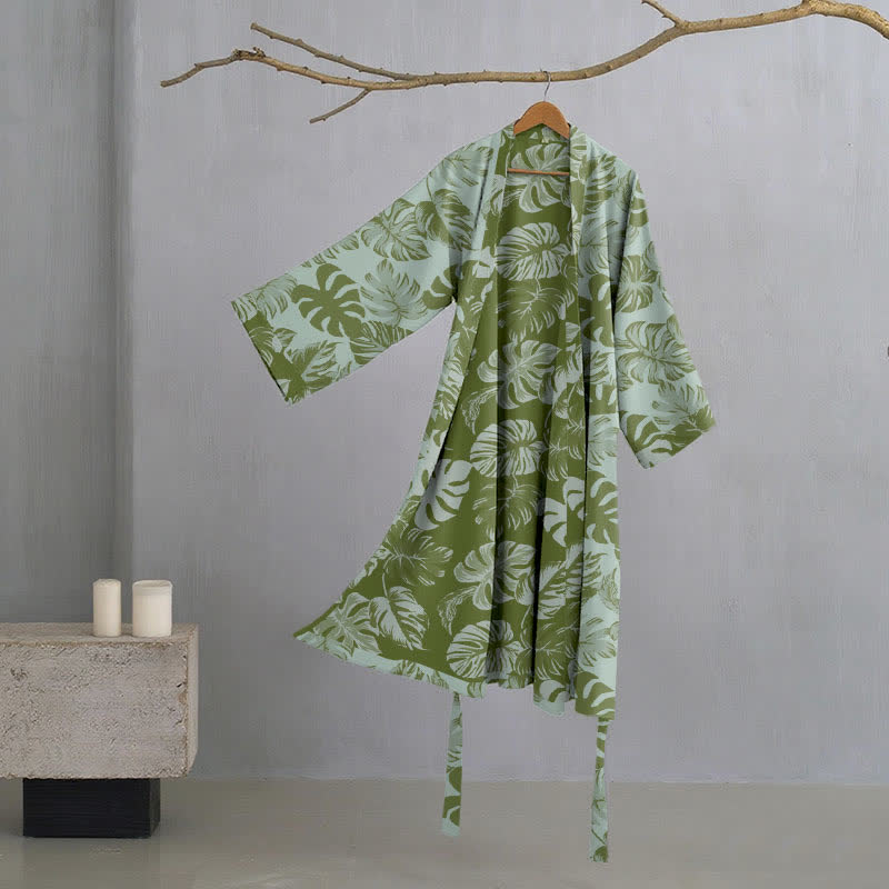 Ownkoti Monstera Print Cotton Gauze Kimono Robe for Stylish Comfort