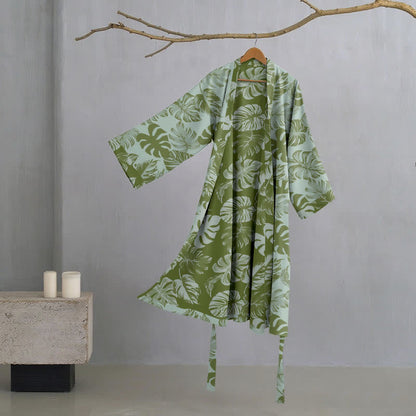 Ownkoti Monstera Print Cotton Gauze Kimono Robe for Stylish Comfort