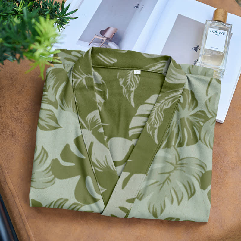 Ownkoti Monstera Print Cotton Gauze Kimono Robe for Stylish Comfort