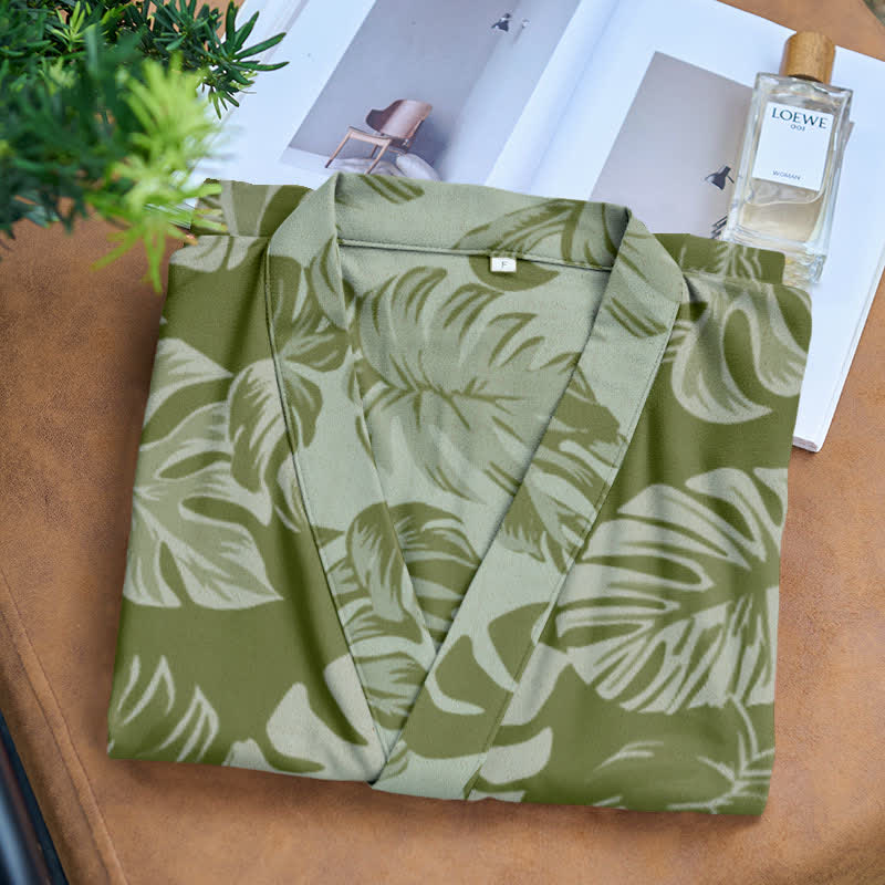 Ownkoti Monstera Print Cotton Gauze Kimono Robe for Stylish Comfort