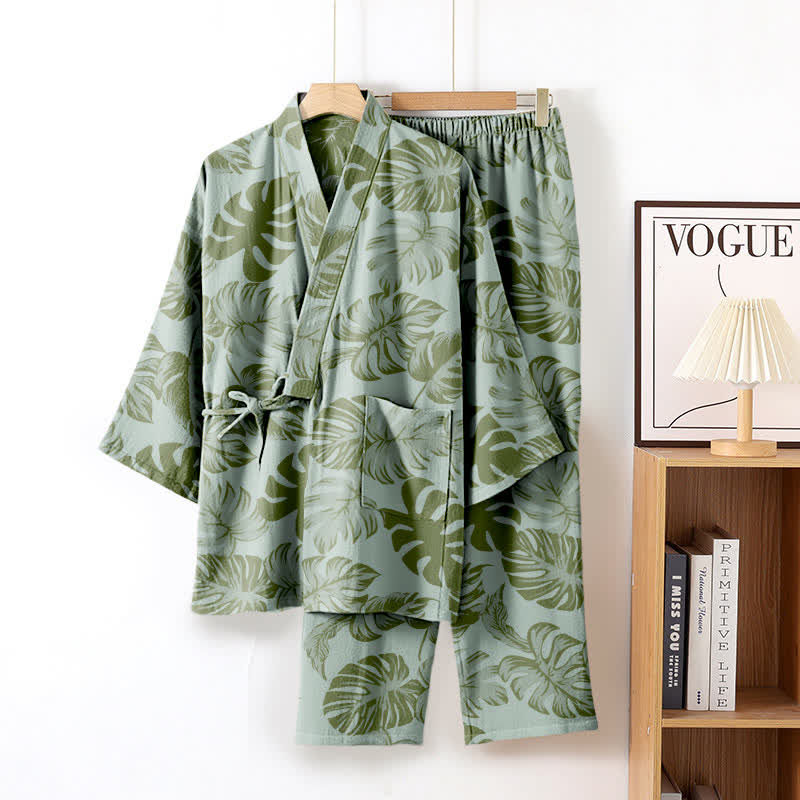 Ownkoti Monstera Cotton Gaze Kimono Lounge Wear Set