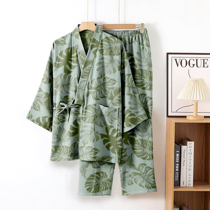 Ownkoti Monstera Cotton Gaze Kimono Lounge Wear Set