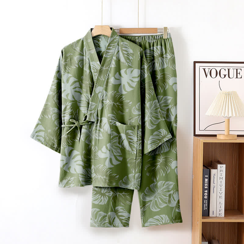 Ownkoti Monstera Cotton Gaze Kimono Lounge Wear Set
