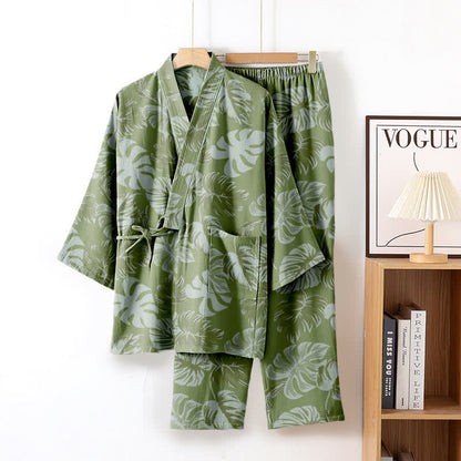 Ownkoti Monstera Cotton Gaze Kimono Lounge Wear Set