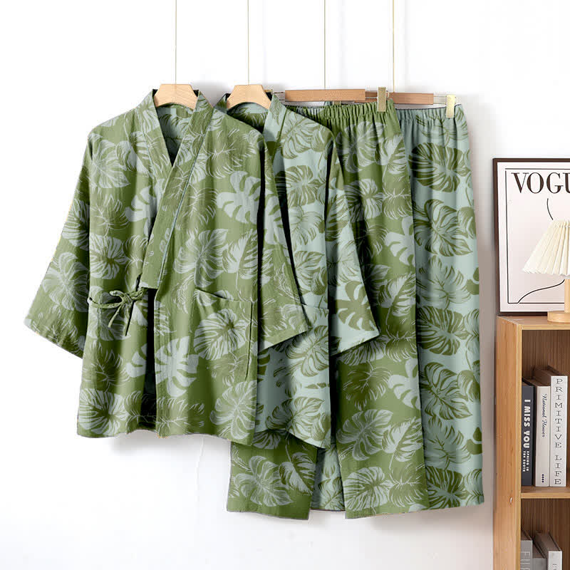 Ownkoti Monstera Cotton Gaze Kimono Lounge Wear Set