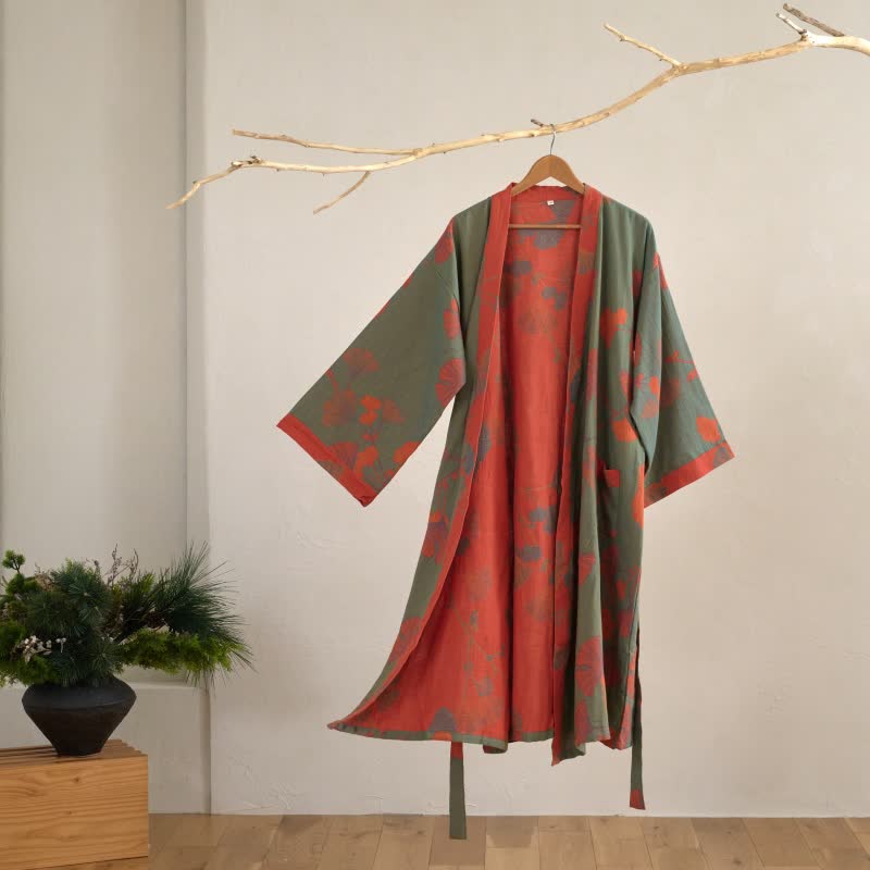Ownkoti Luxurious Large Ginkgo Leaf Cotton Kimono Robe