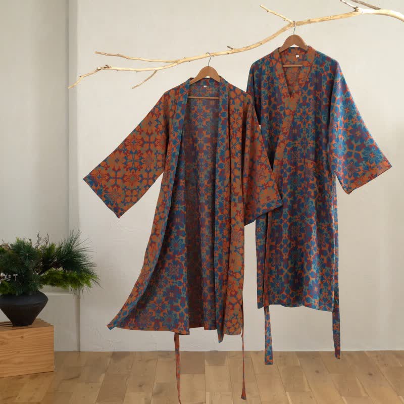 Ownkoti Vintage Geometric Cotton Kimono Robe for Stylish Comfort