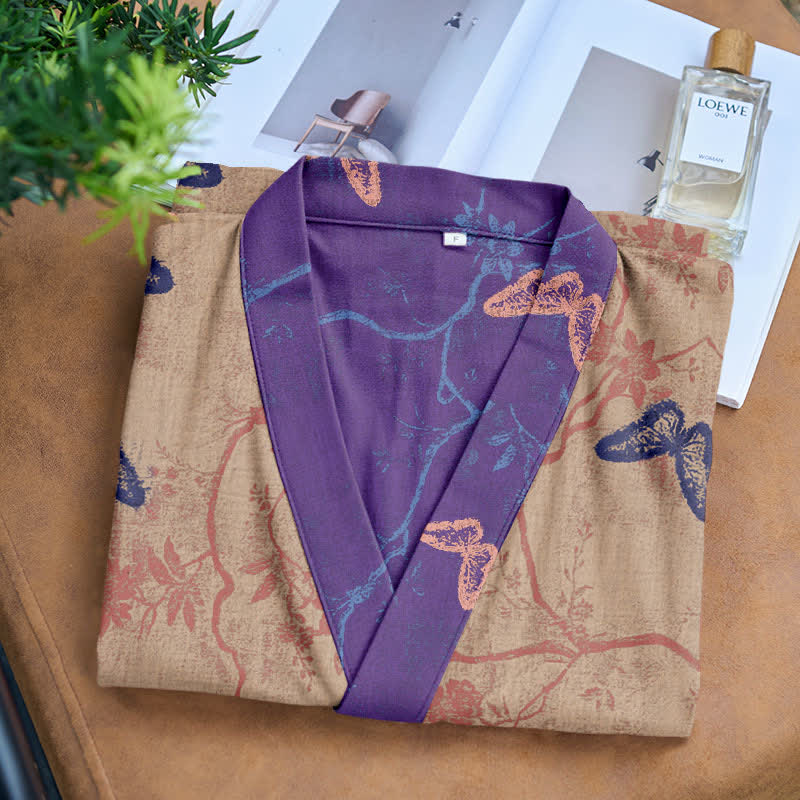 Ownkoti Women's Butterfly Cotton Gauze Kimono Robe for Stylish Comfort