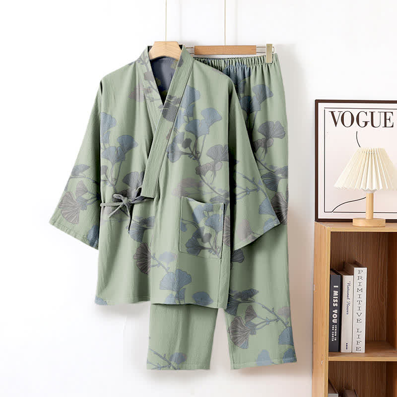 Ownkoti Organic Cotton Kimono with Ginkgo Leaves - Comfortable Loungewear