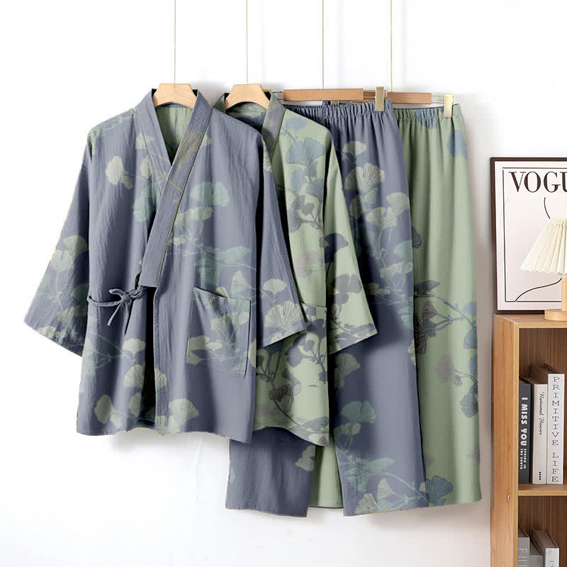 Ownkoti Organic Cotton Kimono with Ginkgo Leaves - Comfortable Loungewear