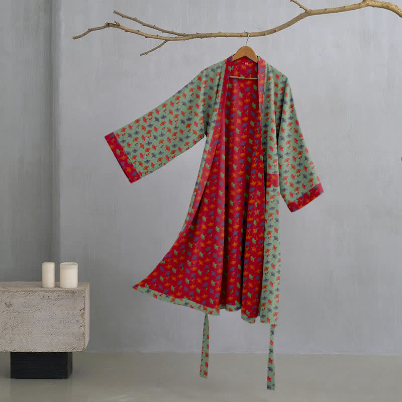 Ownkoti Two-Tone Cotton Voile Kimono with Ginkgo for Elegant Style