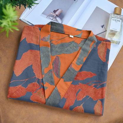 Ownkoti Luxurious Botanical Leaf Cotton Gauze Kimono Robe for Comfort and Style