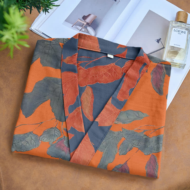 Ownkoti Luxurious Botanical Leaf Cotton Gauze Kimono Robe for Comfort and Style
