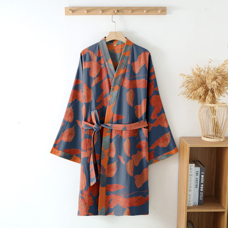 Ownkoti Luxurious Botanical Leaf Cotton Gauze Kimono Robe for Comfort and Style