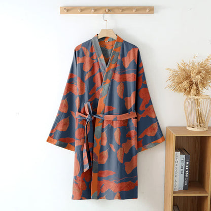 Ownkoti Luxurious Botanical Leaf Cotton Gauze Kimono Robe for Comfort and Style