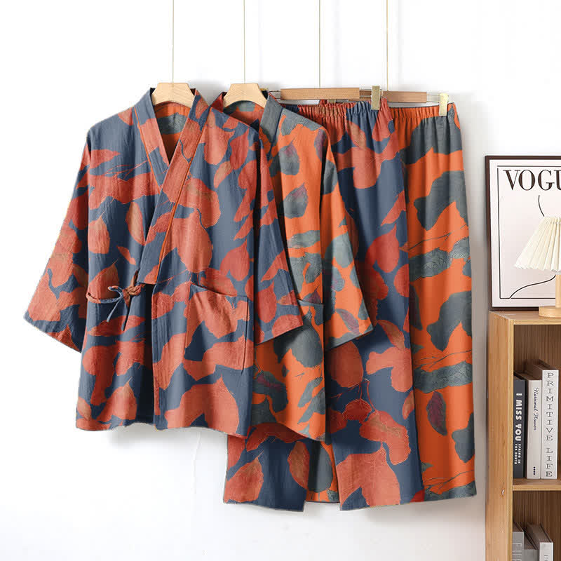Ownkoti Floral Leaf Cotton Kimono Loungewear Set for Stylish Comfort