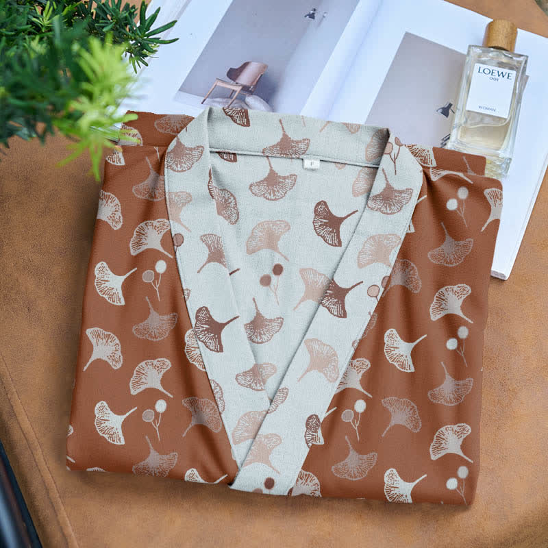 Ownkoti Two-Tone Cotton Voile Kimono with Ginkgo for Elegant Style