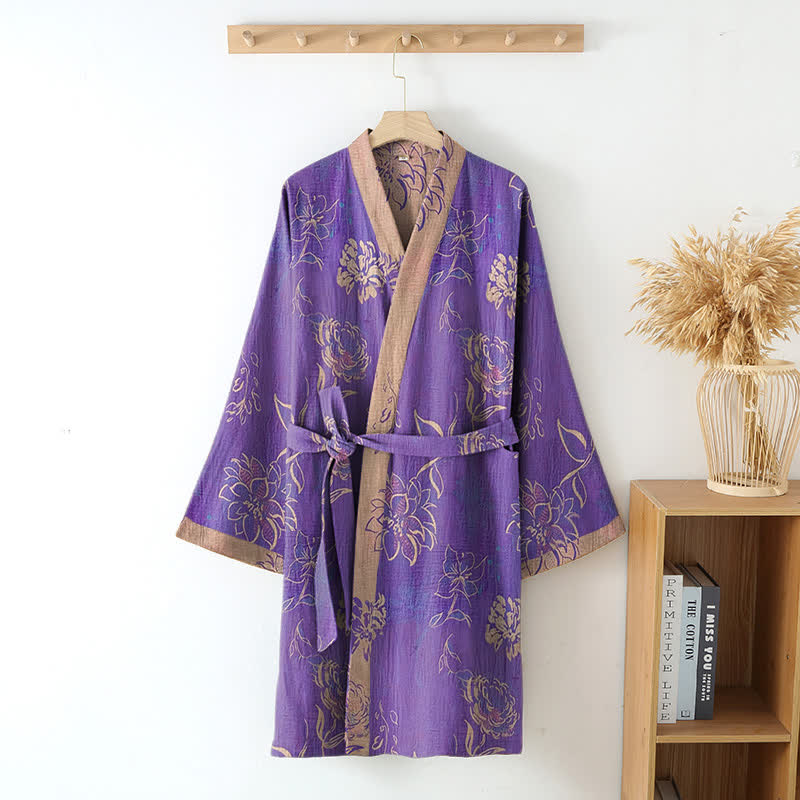 Ownkoti Women's Cotton Gauze Kimono in Two-Tone Peony Design