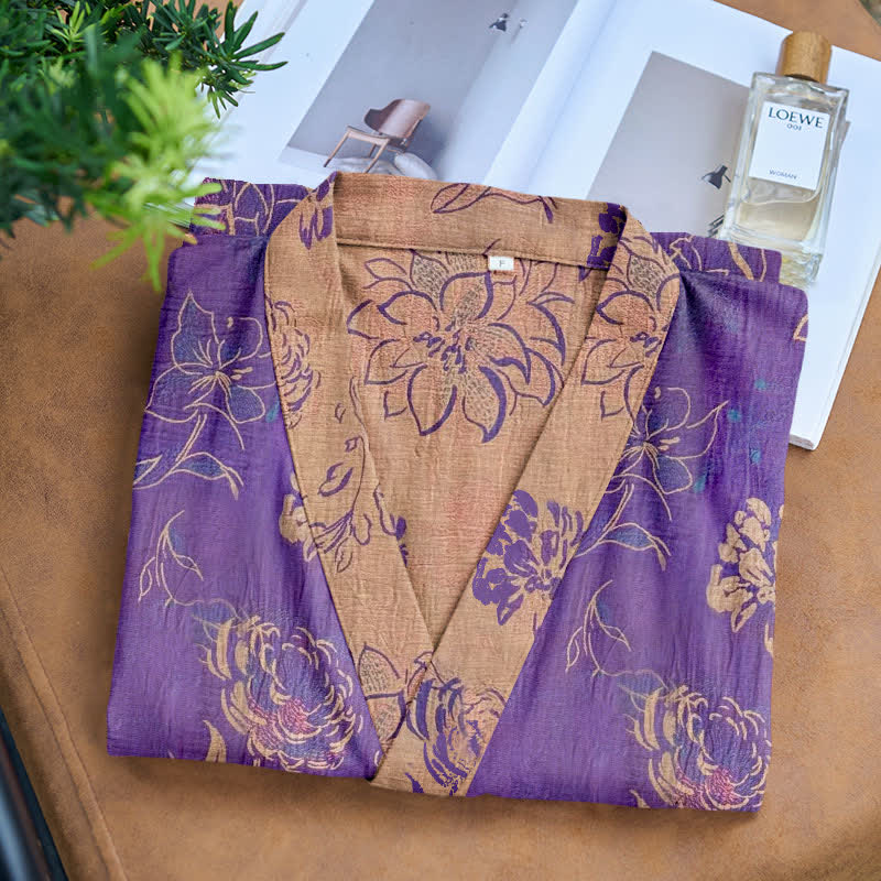 Ownkoti Women's Cotton Gauze Kimono in Two-Tone Peony Design