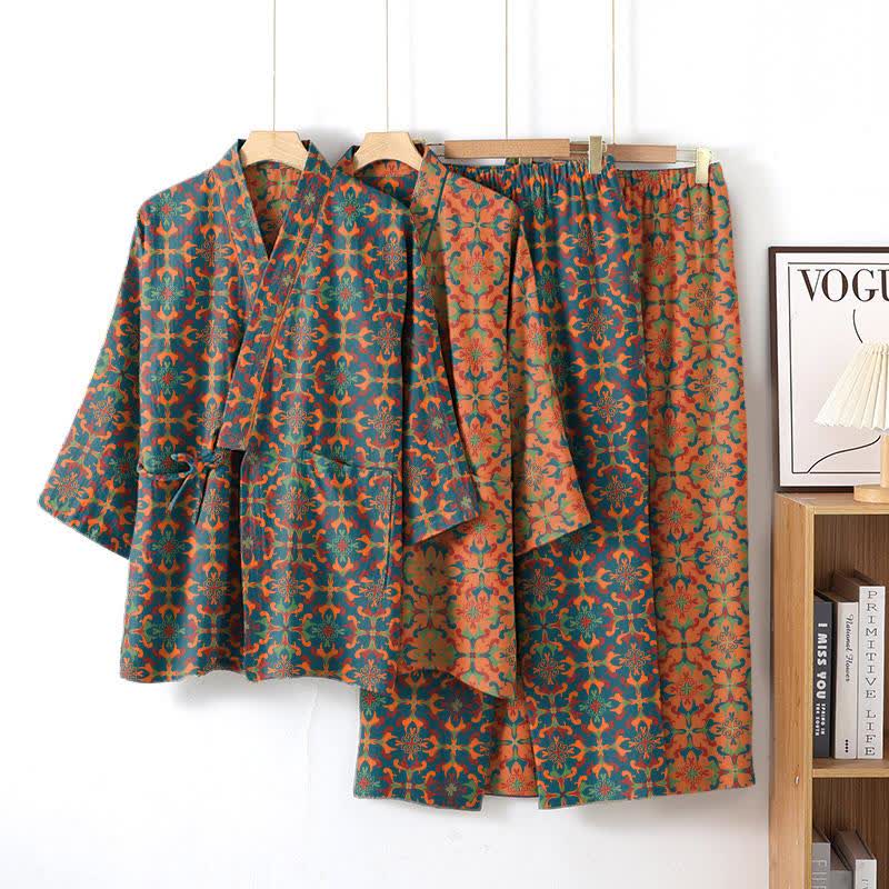 Ownkoti Geometric Pattern Cotton Kimono Lounge Wear Set