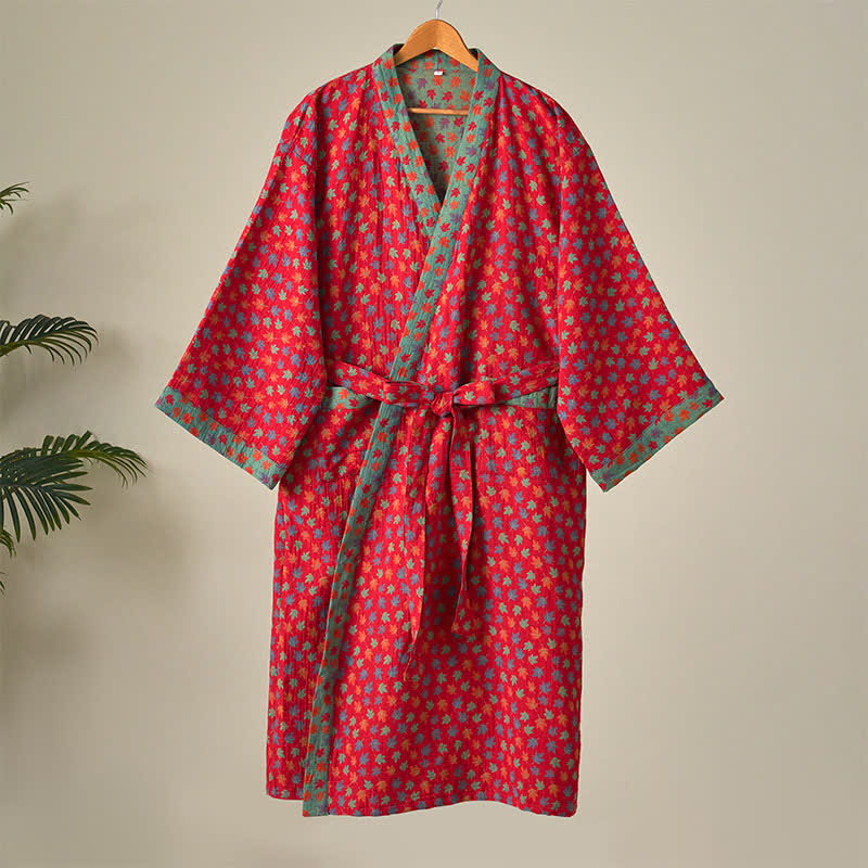 Ownkoti Organic Cotton Kimono Bathrobe with Maple Leaf Pattern