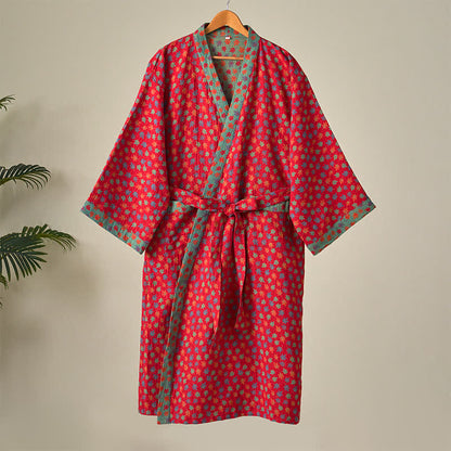 Ownkoti Organic Cotton Kimono Bathrobe with Maple Leaf Pattern