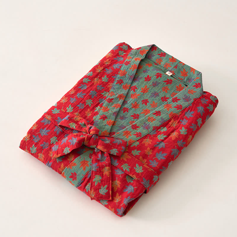 Ownkoti Organic Cotton Kimono Bathrobe with Maple Leaf Pattern