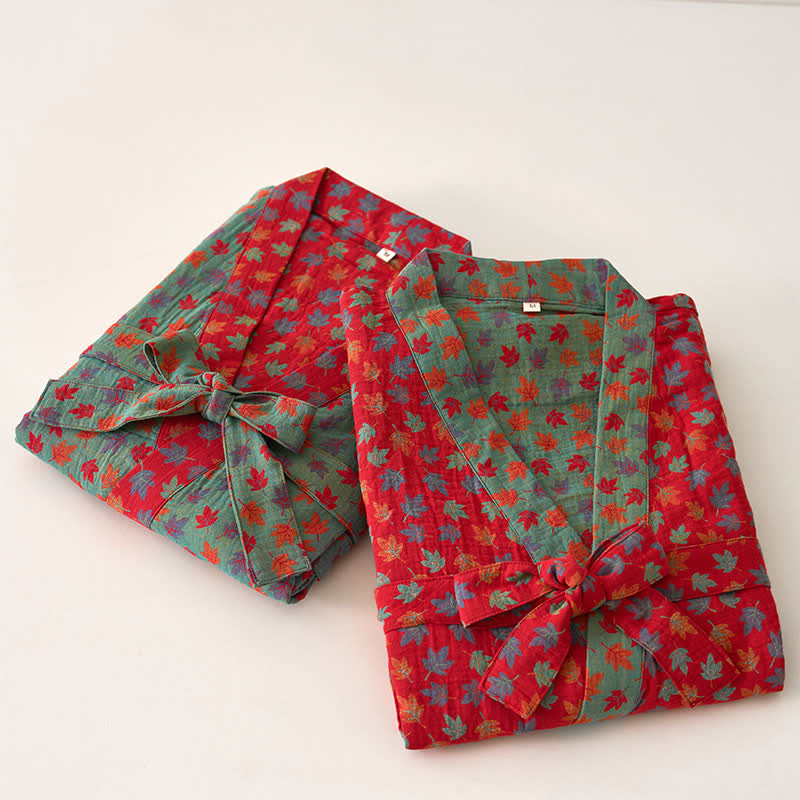 Ownkoti Organic Cotton Kimono Bathrobe with Maple Leaf Pattern