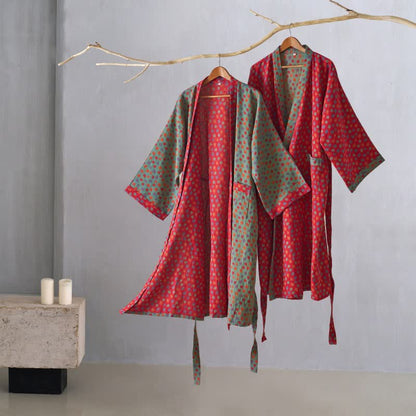 Ownkoti Organic Cotton Kimono Bathrobe with Maple Leaf Pattern