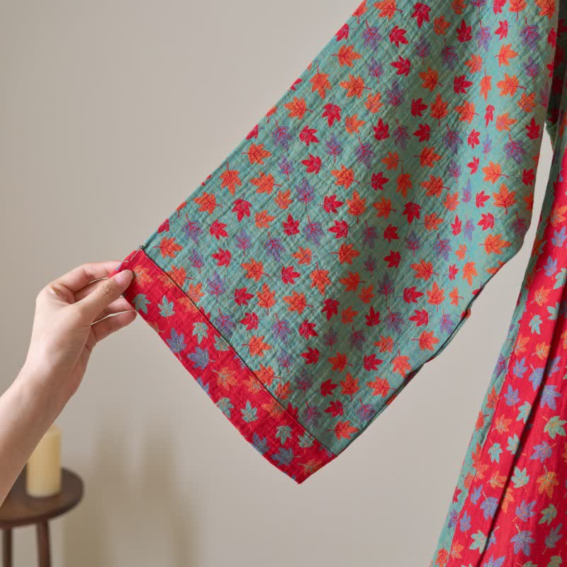Ownkoti Organic Cotton Kimono Bathrobe with Maple Leaf Pattern