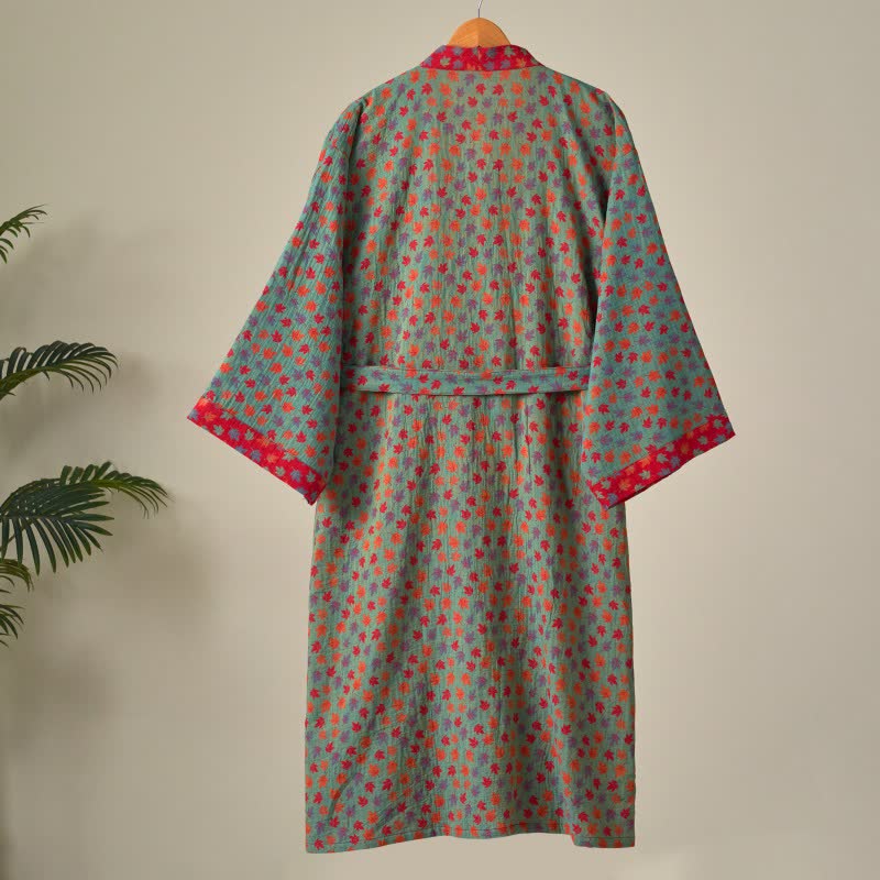 Ownkoti Organic Cotton Kimono Bathrobe with Maple Leaf Pattern