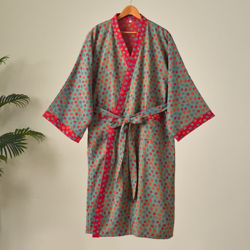 Ownkoti Organic Cotton Kimono Bathrobe with Maple Leaf Pattern