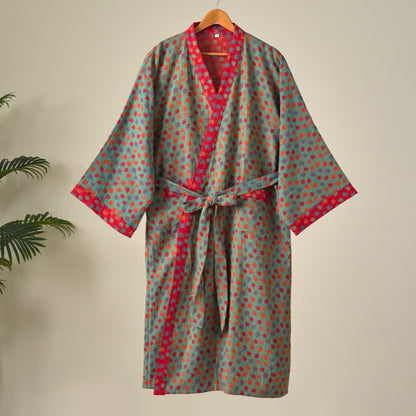Ownkoti Organic Cotton Kimono Bathrobe with Maple Leaf Pattern