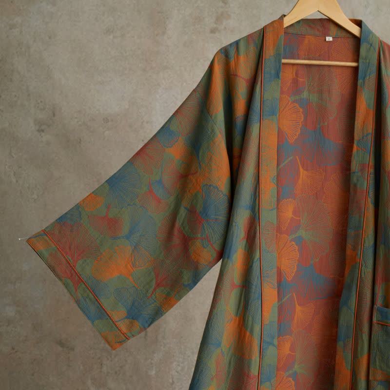 Ownkoti Ginkgo Leaves Bloom Elegant Cotton Kimono Dress