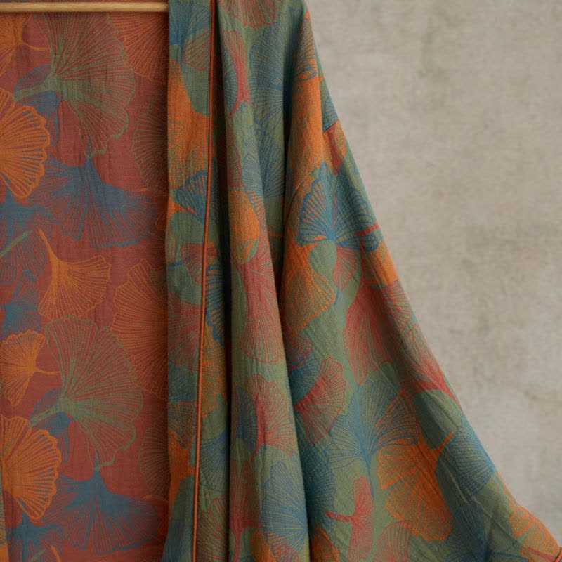 Ownkoti Ginkgo Leaves Bloom Elegant Cotton Kimono Dress