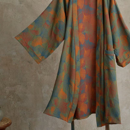 Ownkoti Ginkgo Leaves Bloom Elegant Cotton Kimono Dress