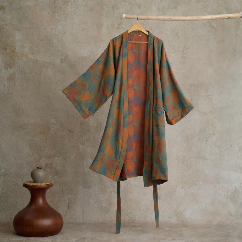 Ownkoti Ginkgo Leaves Bloom Elegant Cotton Kimono Dress