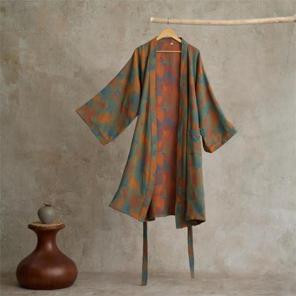 Ownkoti Ginkgo Leaves Bloom Elegant Cotton Kimono Dress