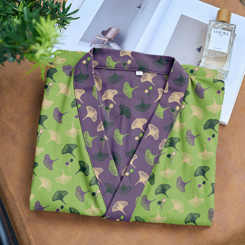 Ownkoti Two-Tone Cotton Voile Kimono with Ginkgo for Elegant Style