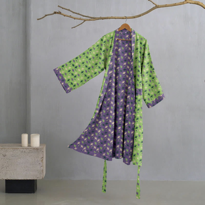 Ownkoti Two-Tone Cotton Voile Kimono with Ginkgo for Elegant Style