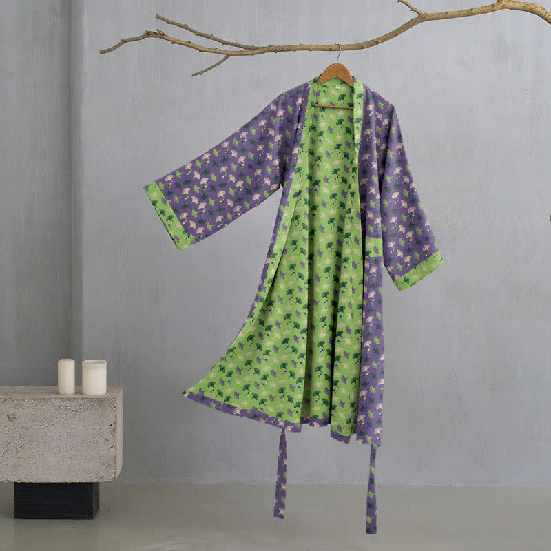 Ownkoti Two-Tone Cotton Voile Kimono with Ginkgo for Elegant Style
