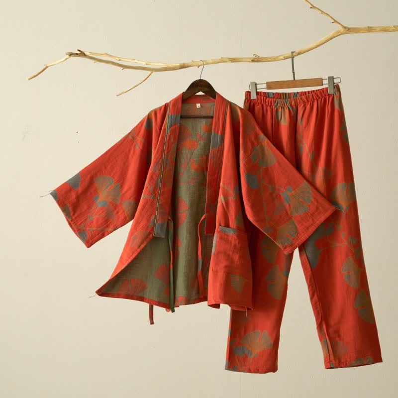 Ownkoti Ultra Comfort Ginkgo Leaf Cotton Kimono Pajamas for Relaxation