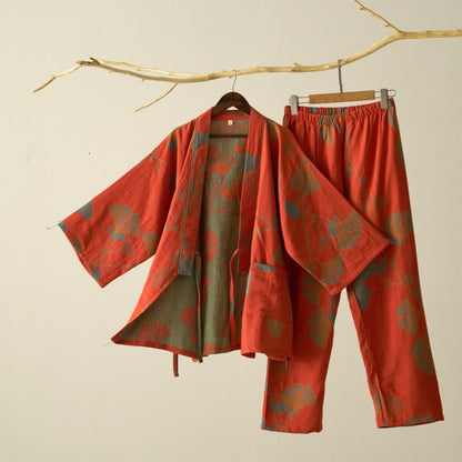 Ownkoti Ultra Comfort Ginkgo Leaf Cotton Kimono Pajamas for Relaxation