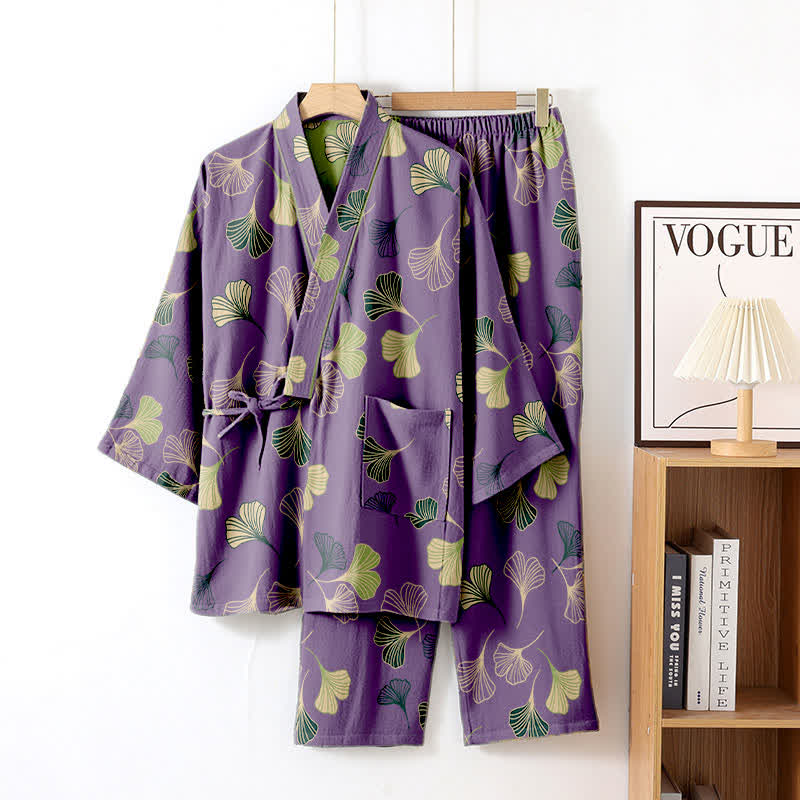 Ownkoti Ginkgo Cotton Gauze Kimono Loungewear Set - Comfort and Style in One