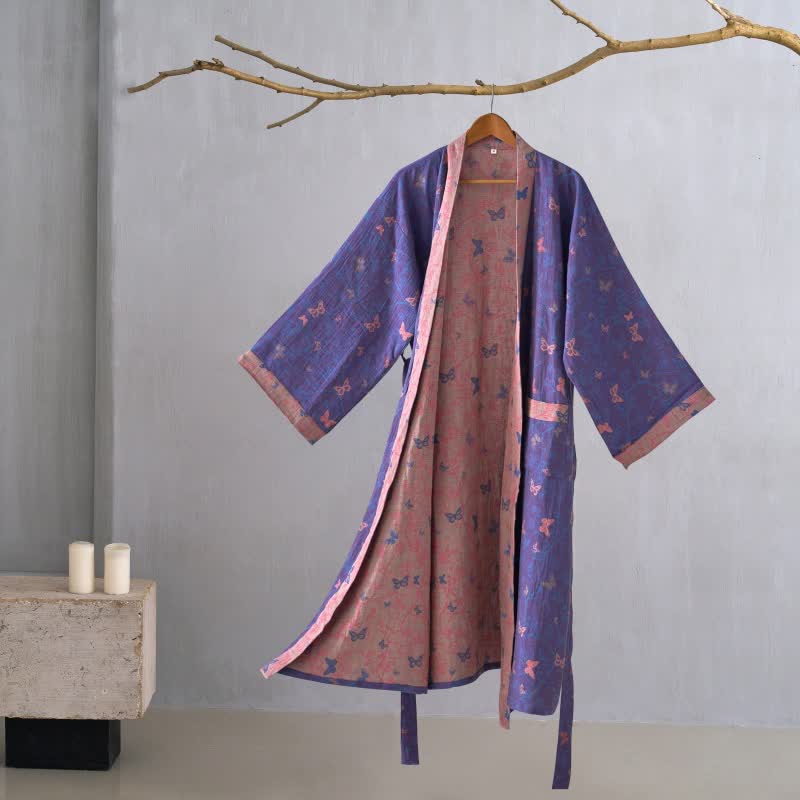 Ownkoti Women's Butterfly Cotton Gauze Kimono Robe for Stylish Comfort