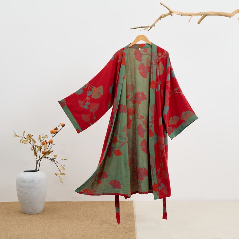Ownkoti Organic Ginkgo Leaf Kimono Cotton Dress Natural