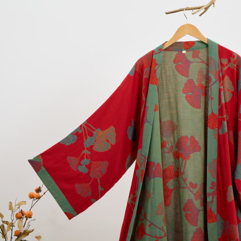 Ownkoti Organic Ginkgo Leaf Kimono Cotton Dress Natural